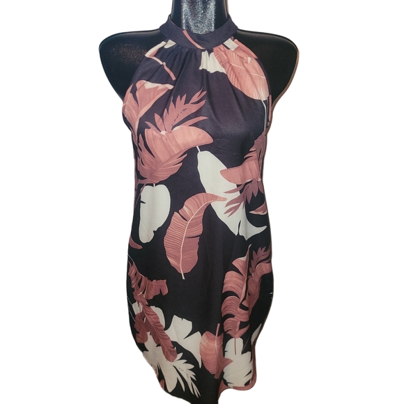 Shein Leaf Print Halter Dress in Brown and Cream Hues Sz.S - Picture 1 of 6